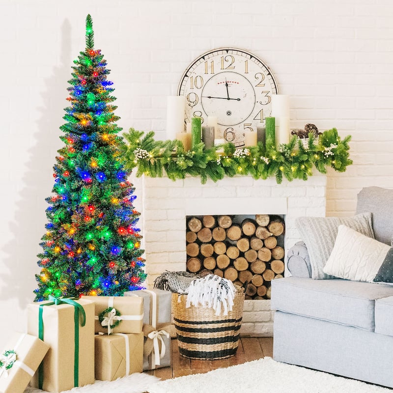 Gymax 7.5ft Pre-Lit Pencil Christmas Tree Hinged PVC Tree w/ 350