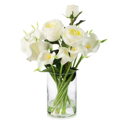 Enova Home Mixed Artificial Real Touch Lily and Rose Flower Arrangement in Clear Glass Vase with Faux Water For Home Decoration