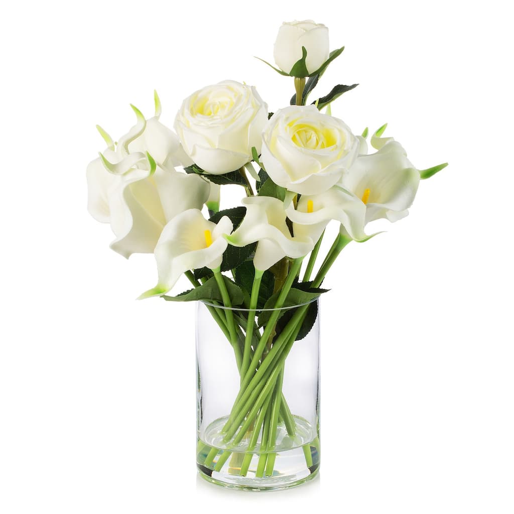 Enova Home Mixed Artificial Real Touch Lily and Rose Flower Arrangement in Clear Glass Vase with Faux Water For Home Decoration