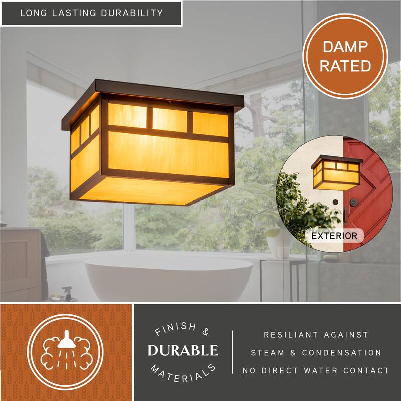 Mission Bronze Square Outdoor Flush Mount Ceiling Light Honey Glass - 11.5-in W x 7-in H x 11.5-in D