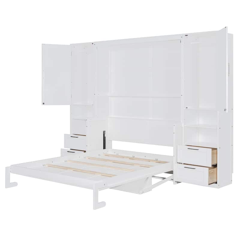 Full/Queen Size Horizontal Murphy Bed with Integrated Storage, Wood Wall Murphy Bed Frame with Closet, Drawers and Shelves