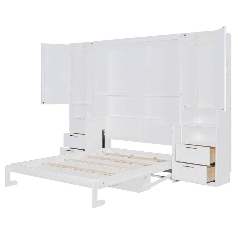 Queen Size Murphy Bed Hidden Wall Bed with Both Sides Closet Drawers and Storage Shelves, Space-Saving Versatile Murphy Bed