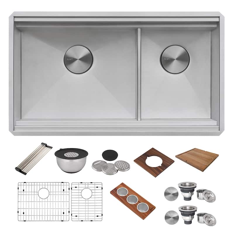 Ruvati 33-inch Workstation Dual Tier Double Bowl Low Divide Undermount 16 Gauge Stainless Steel Kitchen Sink - 33" x 19″