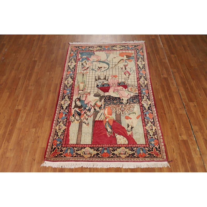 Pre-1900 Antique Pictorial Kashan Persian Rug Handmade Wool Carpet - 4'2"x 7'0"