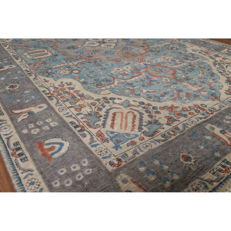 Traditional Tabriz Persian Area Rug Blue Hand-Knotted Wool Carpet - 6'5"x 9'4"