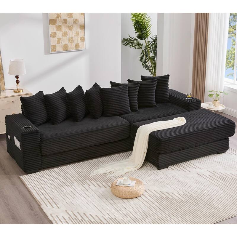 110.75" Corduroy Sectional Sofa, Convertible Sleeper Sofa Bed L-Shaped Upholstered Couch with Removable Footstool, Cup Holder