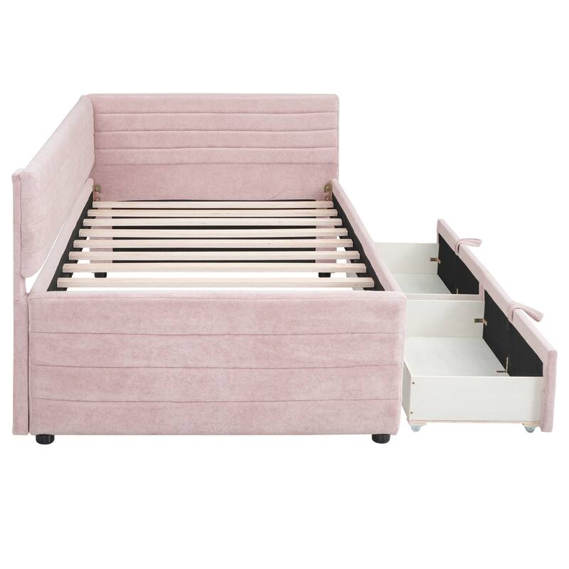 Twin Size Upholstered Daybed with Roll-Out Trundle, Space-Saving Wooden Frame, No Box Spring Needed