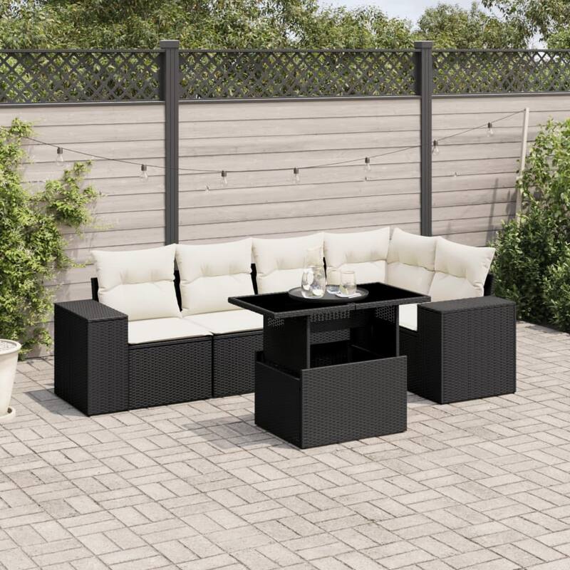 vidaXL Patio Sofa Set with Cushions Outdoor Furniture 6 Piece Poly Rattan - Black and Cream-without storage - 21.7 x 39.4 x 28.7