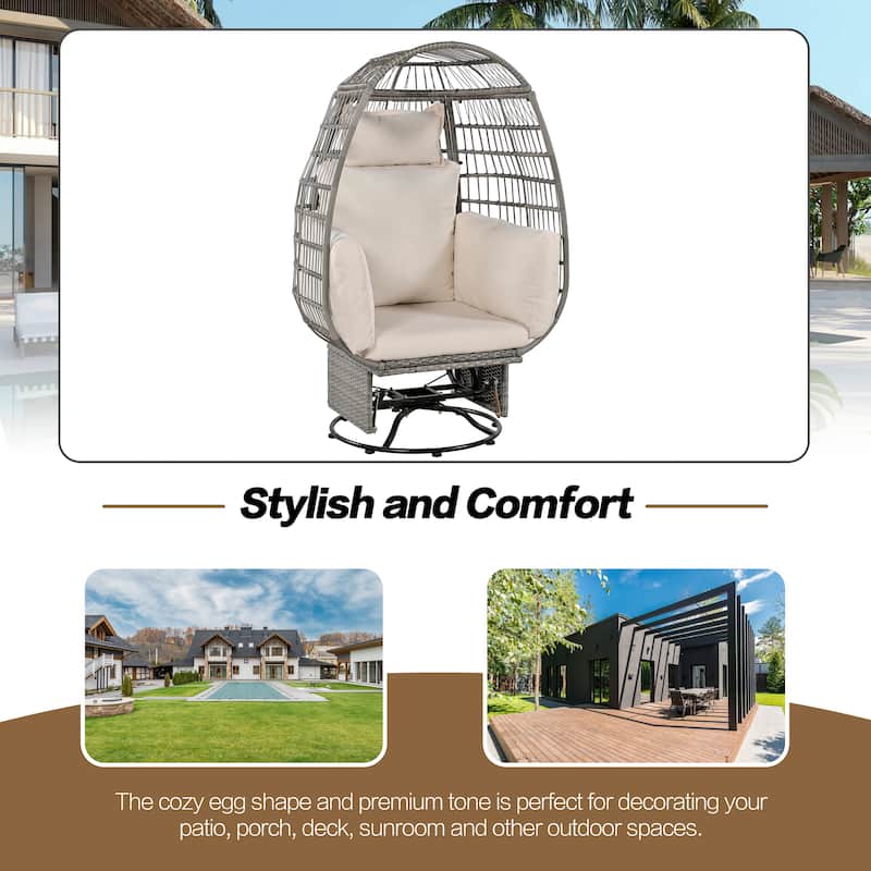 Outdoor Swivel Chair with Cushions, Rattan Egg Patio Chair with Rocking Function for Balcony, Poolside and Garden