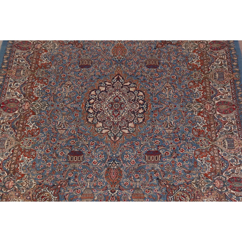 Hand Knotted Oriental 100% Wool Carpet Traditional Floral Navy Blue & Blues Kashmar Area Rug - 12' 9'' X 10' 0''