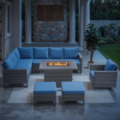 Outdoor Sofa Chair Ottomans with Fire Pit Table - Blue cushion - Grey