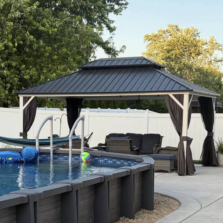 PURPLE LEAF Patio Hardtop Gazebo for Outdoor Grey Galvanized Steel Double Roof White Aluminum Poles
