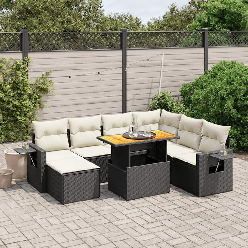 vidaXL Patio Sofa Set with Cushions Outdoor Conversation Furniture Poly Rattan - Black+Cream-3 corner+3 middle+footrest+table - 21.7 x 24.4 x 27.2