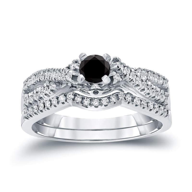 Auriya Braided 1/2ctw Halo Black Diamond Engagement Ring Set 14k Gold - 4 - White