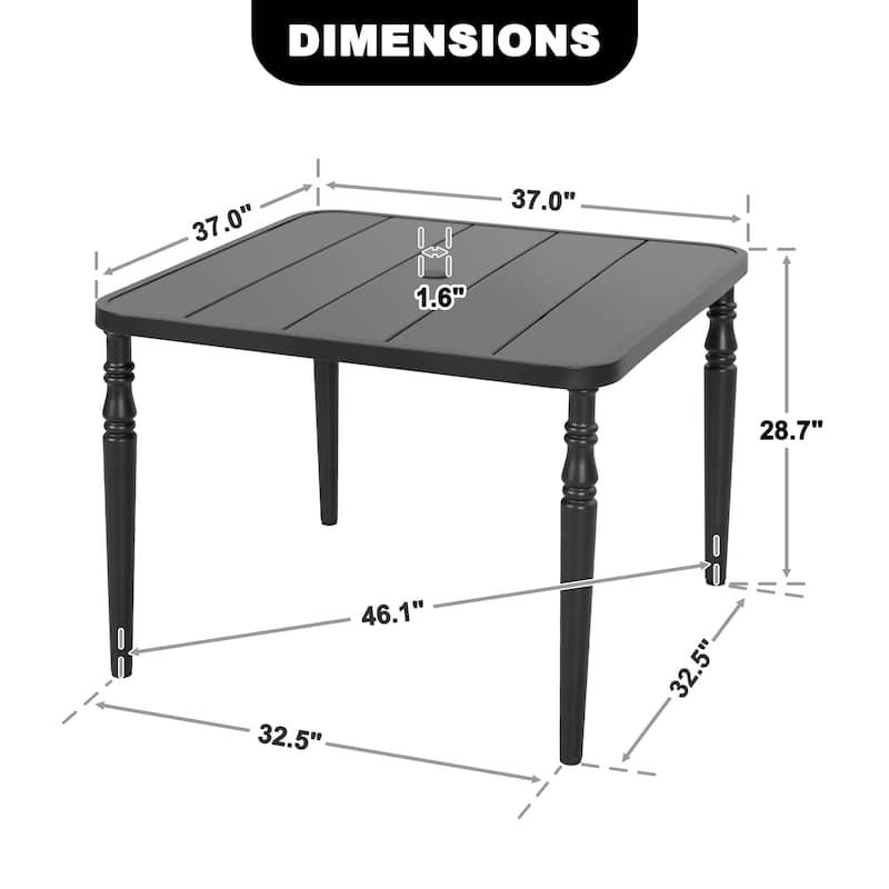Patio Square Powder-Coated Metal Dining Table with Umbrella Hole, Black