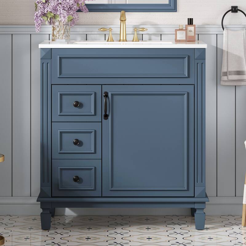 Small Bathroom Vanity with Sink, Freestanding Wood Bathroom Cabinet, Storage Cabinet with 2 Drawers & Adjustable Shelf