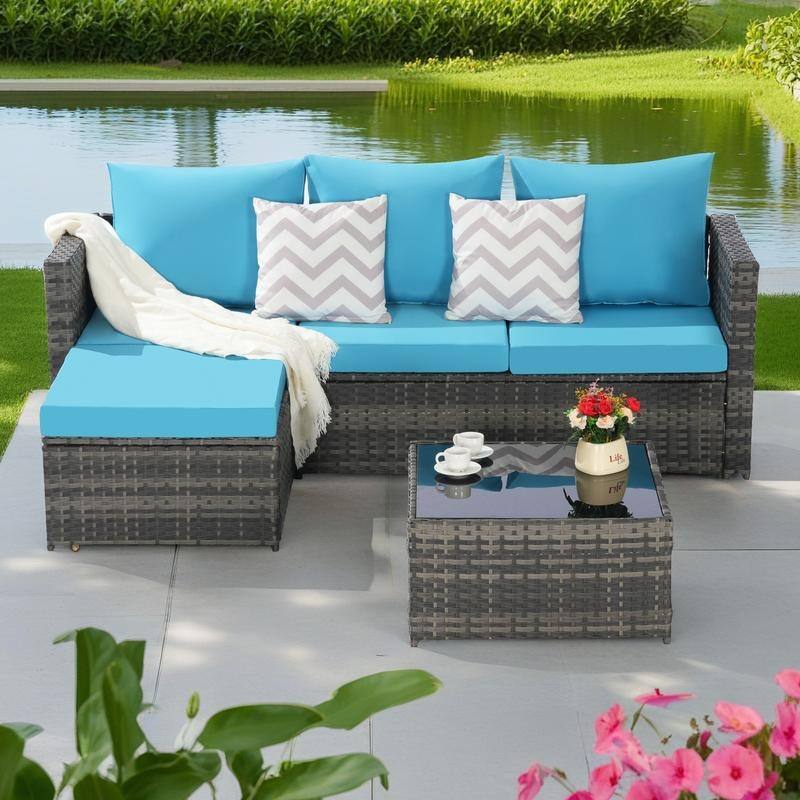 2-Pieces Outdoor Patio L-Shaped Sectional Sofa Set with Glass Coffee Table