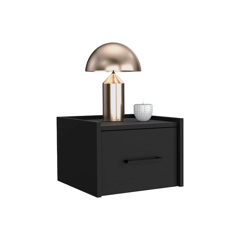 Black Modern Floating Nightstand, Space-Saving Design with Convenient Drawer and Black pull Handle.