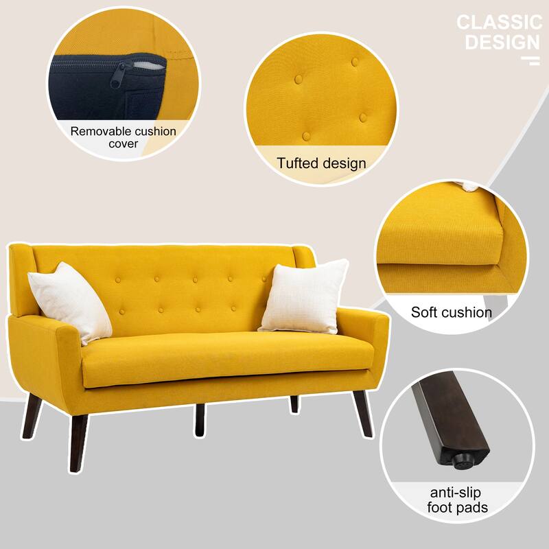 Mid-Century 63-Inch Linen Tufted Loveseat Sofa with Pillows