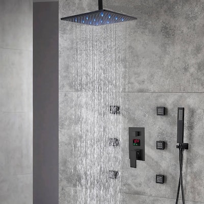 Matte black ceiling mount 12 inch LED rainfall 3 way digital display shower system with body jets - 7'6" x 10'9"