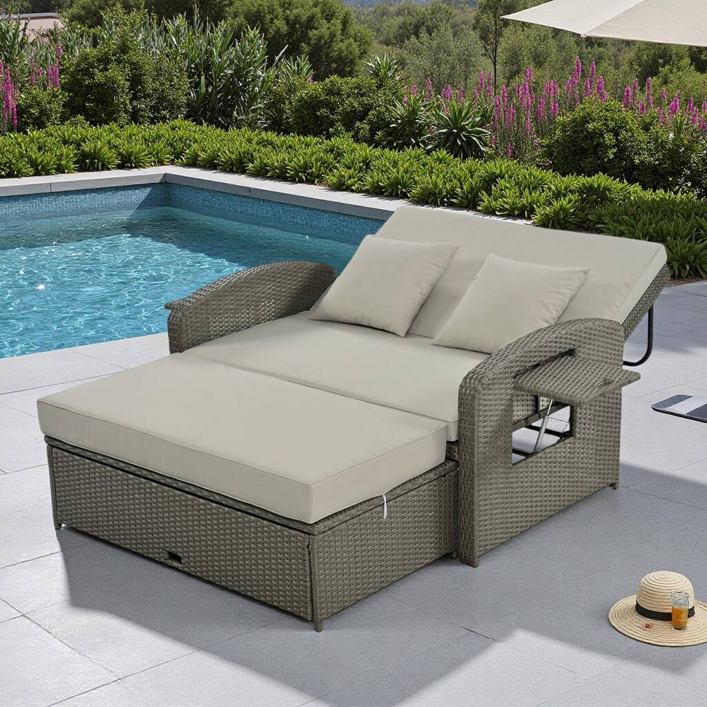 Outdoor Patio Rattan Double Reclining Daybed with Adjustable Back and Cup Trays, Free Protection Cover