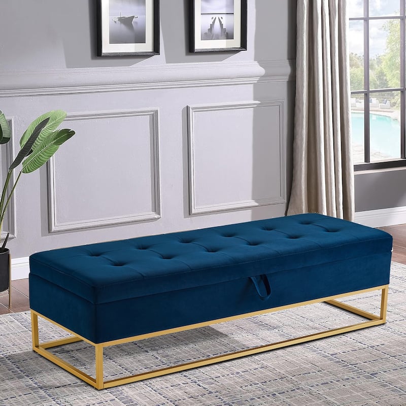 Modern Velvet Upholstered Storage Bench with Flip-Up Seat Top -  Navy Blue