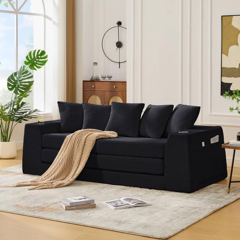2 in 1 Convertible Sofa Bed, Sleeper Sofa with Storage Pockets, Pull Out Loveseat Couch with Two Cup Holders