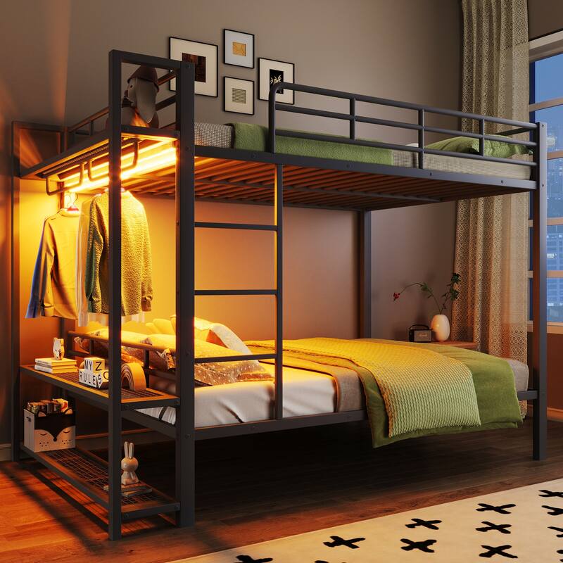 Full Size LED Bunk Bed with Storage Mesh Shelves and Clothes Hooks, Heavy Duty Metal Bunk Bed Frame, Full over Full