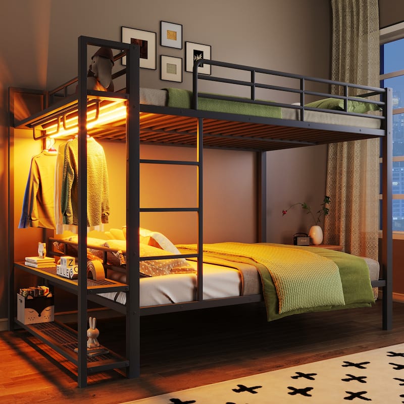 GDFStudio - Full Size Metal Bunk Bed with LED, Storage Shelves & Hooks - Black - Full