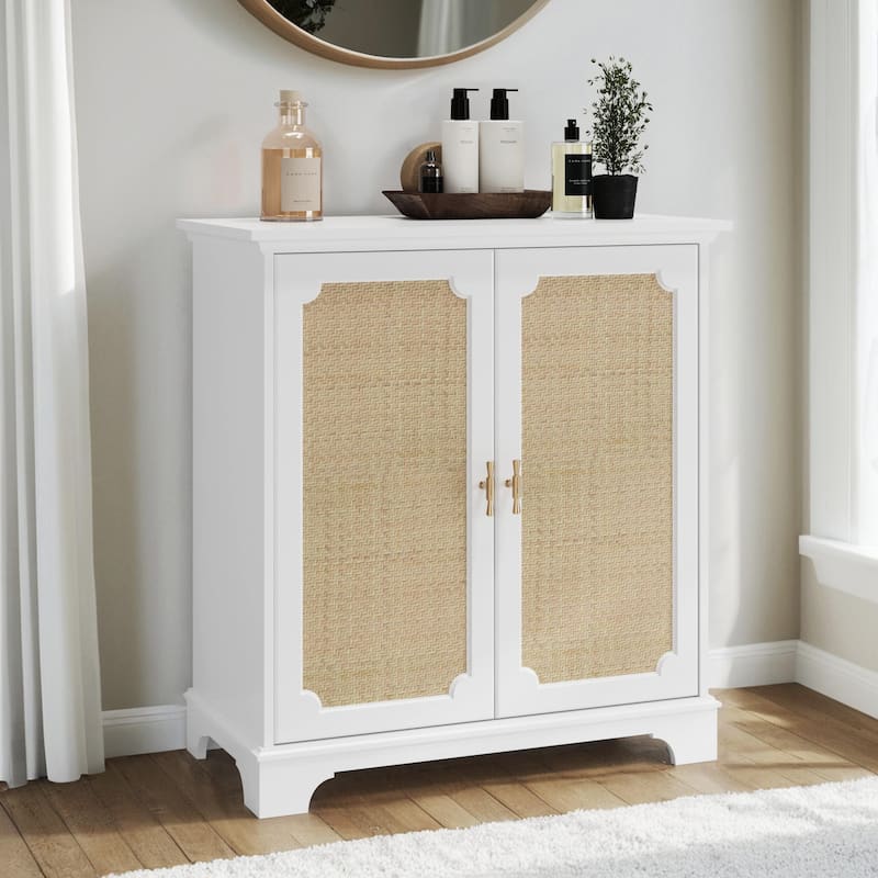 Sideboard Cabinet with Rattan Doors, Multifunctional Kitchen Storage Cabinet, Console Table with Shelf & Solid Wood Legs