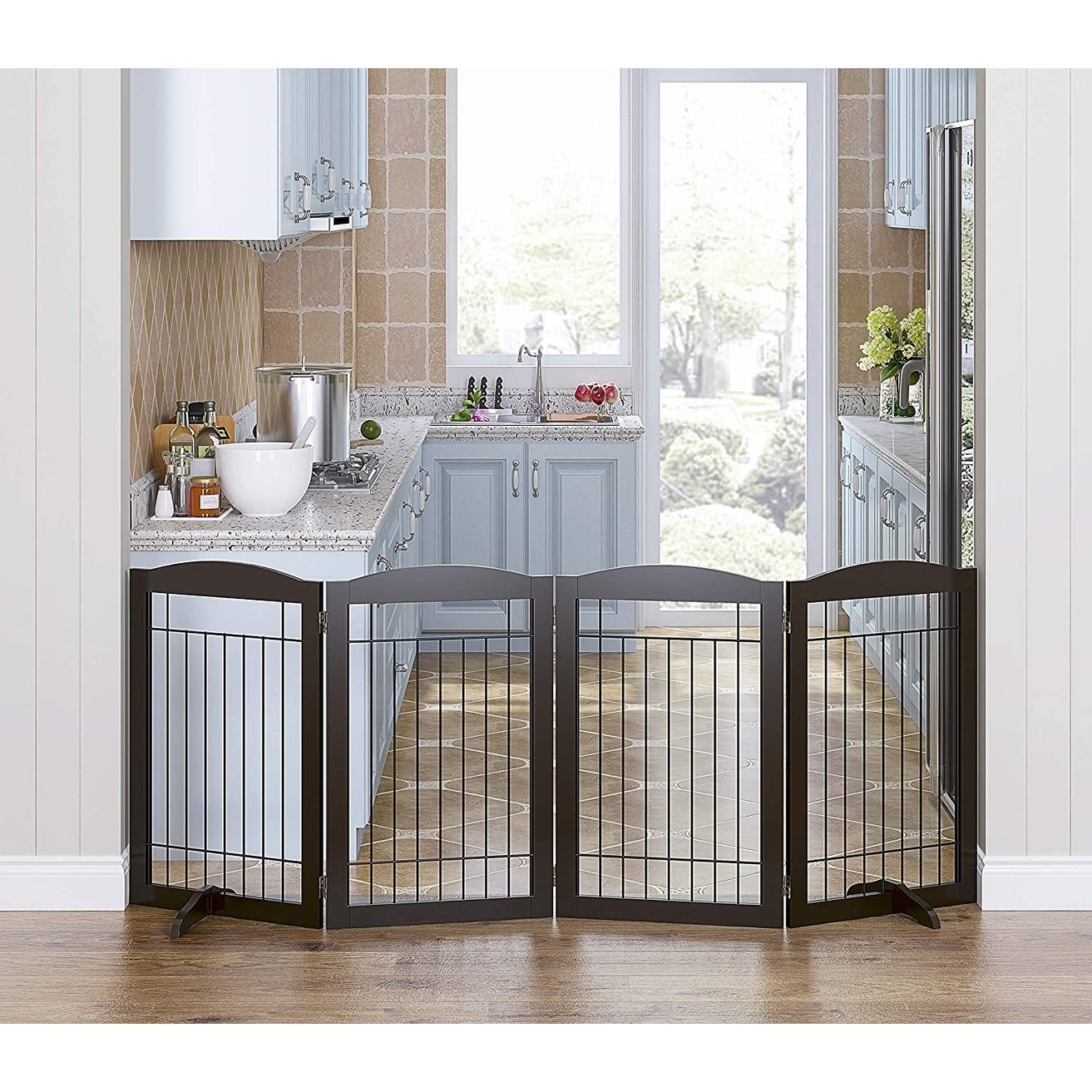 Spirich Free Standing Foldable Dog Gate Black Wire Pet Gate 80