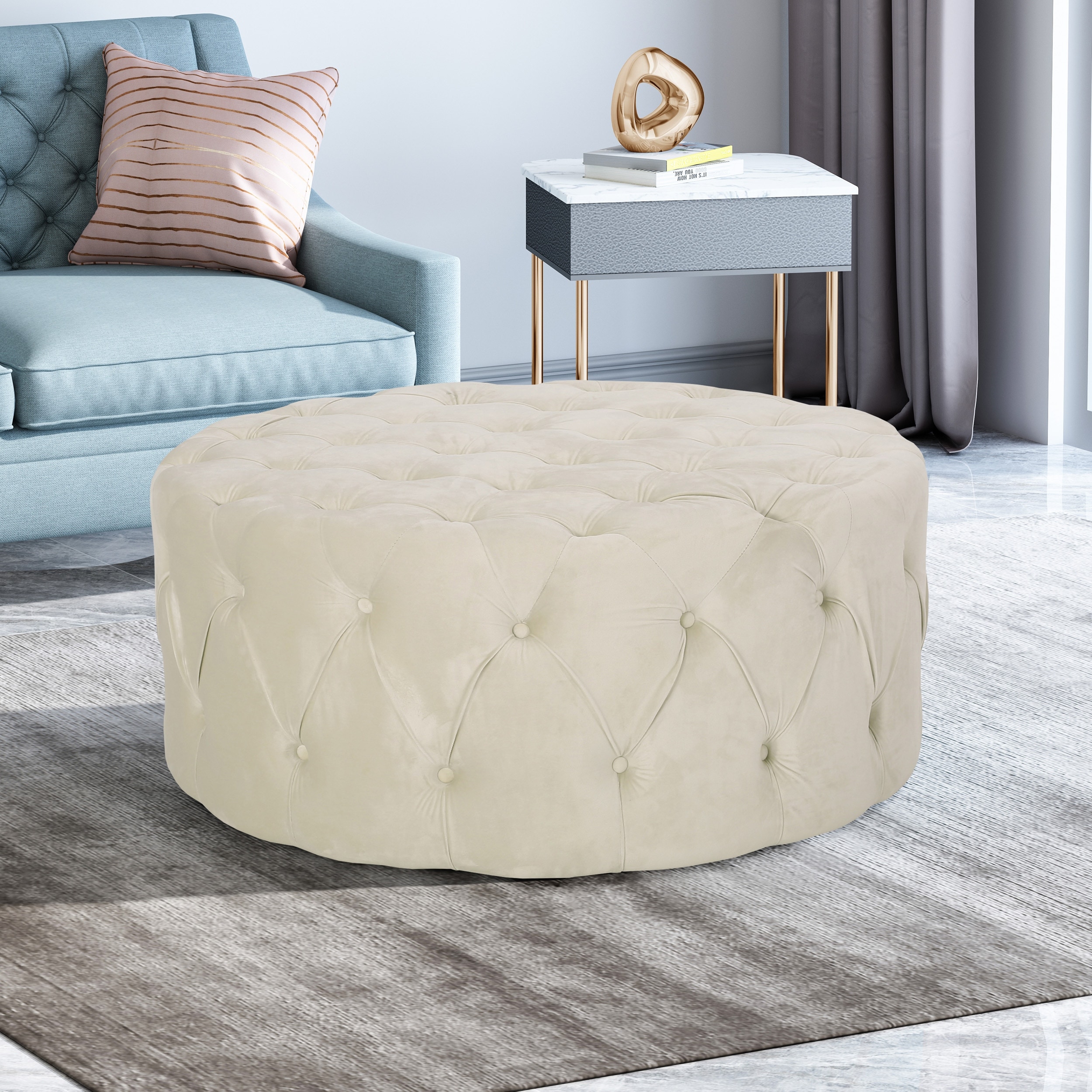 Orla Modern Glam Round Tufted Velvet Ottoman by Christopher Knight