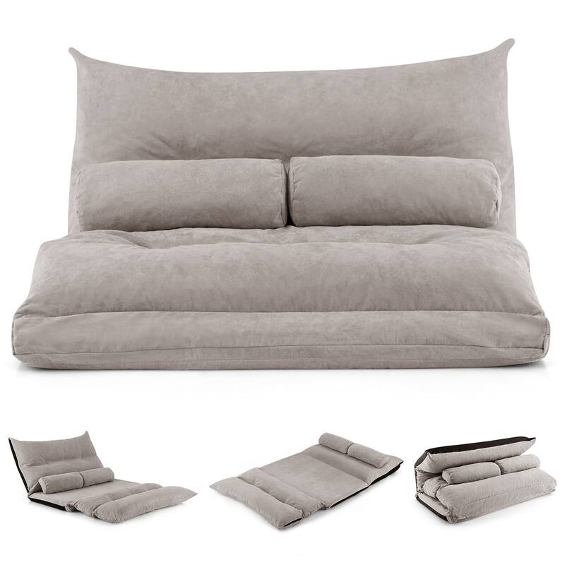 Convertible Lazy Sofa Bed with Adjustable Backrest& Lumbar Pillows - Grey