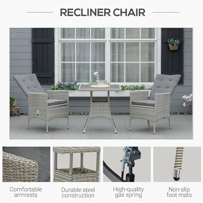 3-Piece PE Wicker Set, Tufted Reclining Chairs, Coffee Table, Outdoor