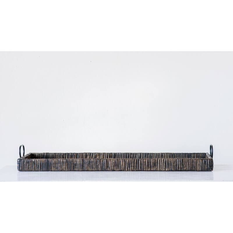 Black Rattan & Wood Tray with Handles