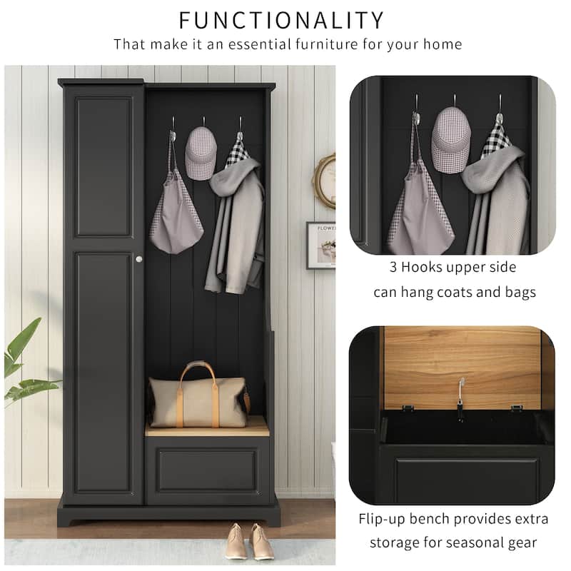 Versatile Design Hall Tree with Flip-Up Bench, 4-in-1 Minimalist Coat Hanger Shoe Cabinet with Adjustable Shelves, Hanging Hooks