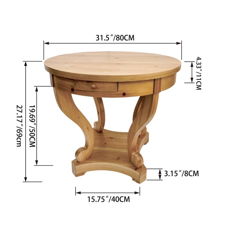 Farmhouse Curved Legs Round Table, Smal End Side, Wood Coffee Table with Small Drawer for Kitchen, Living Room