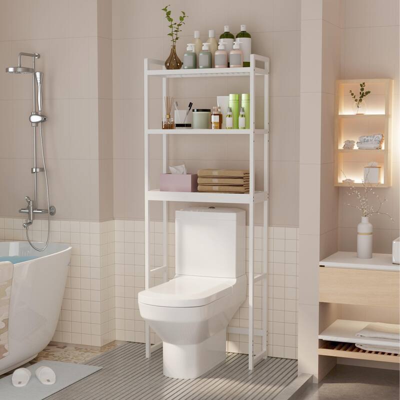 Over The Toilet Storage, 3-Tier Bamboo Bathroom Organizer with Adjustable Shelf - White