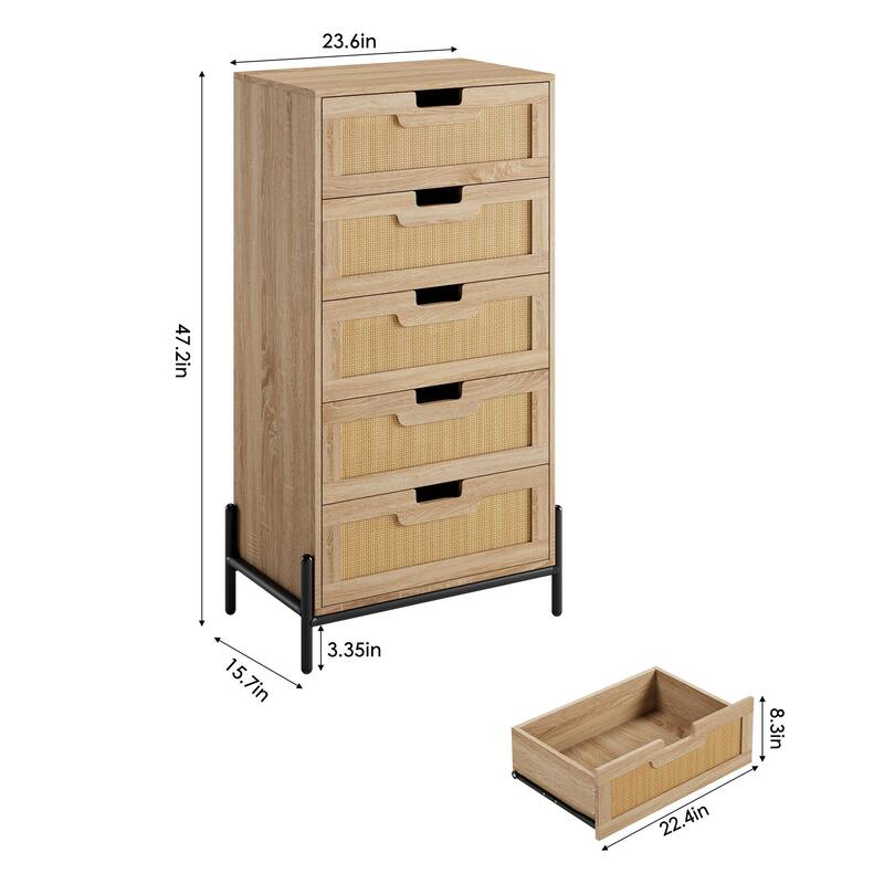 5/6 Drawer Dresser for Bedroom, Natural Rattan Modern Wooden Dresser, Farmhouse Storage Cabinet Chest