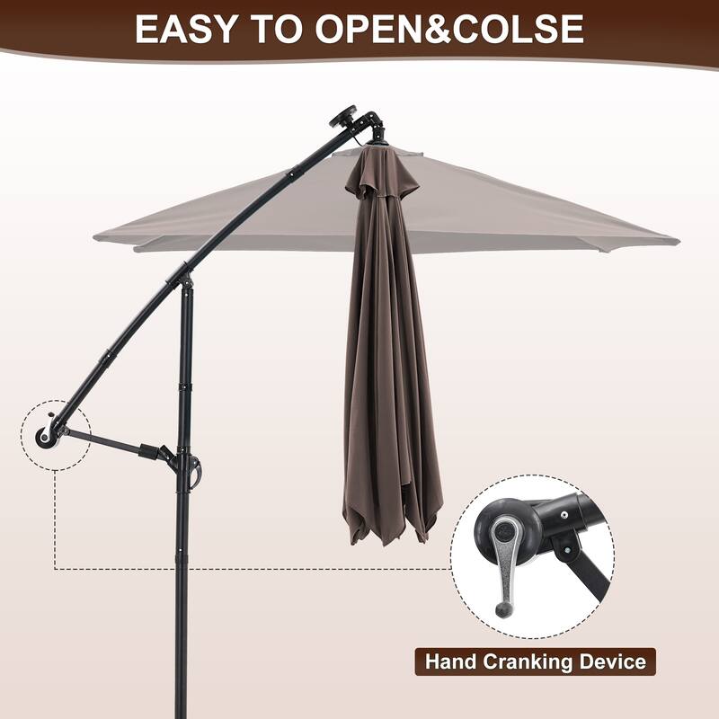 Autlaycil 10ft Offset Hanging Market Patio Umbrella With Base&Solar Lights
