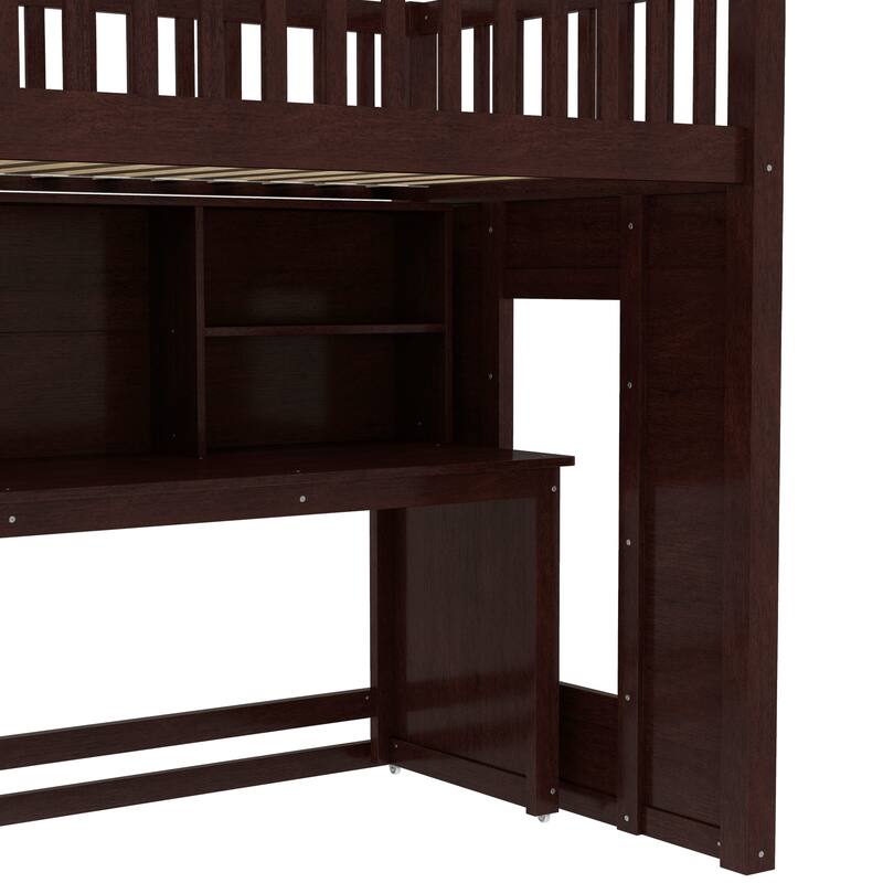 Children's Bedroom Solid Wood Loft Bed with Movable Desk, Storage Stairs, Shelves, Safety Guardrails and Optional Full or Twin