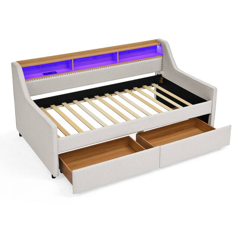 Twin Size Upholstery Daybed with Three LED Lights,Storage Adjustable Headboard and Two Storage Pull Up Drawers