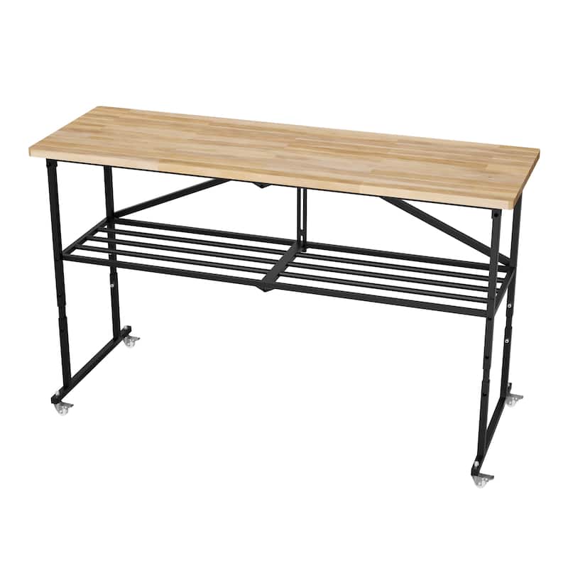 SmartFold Heavy-Duty Folding Butcher-Block Workbench- Portable Wood-Top Utility Table w/ Locking Casters - Natural Wood
