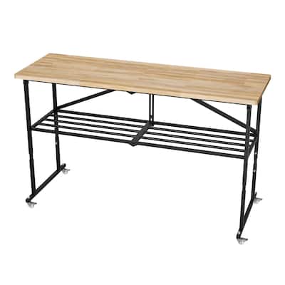 SmartFold Heavy-Duty Folding Butcher-Block Workbench- Portable Wood-Top Utility Table w/ Locking Casters