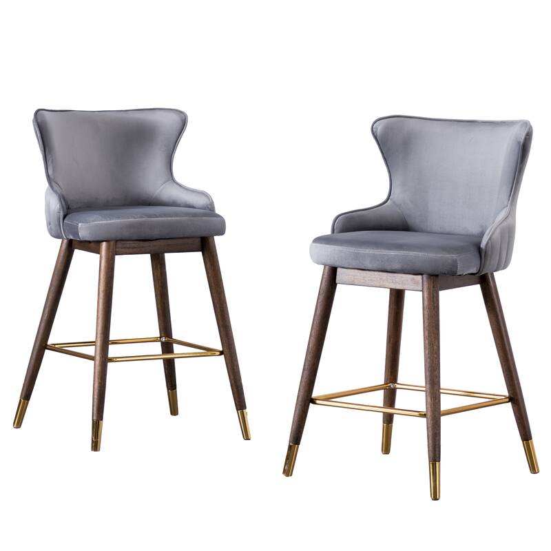 Set of 2 Upholstered Wingback Counter Stools - Mid-Century Fabric Bar Stools with Gold-Tipped Legs for Kitchen & Dining