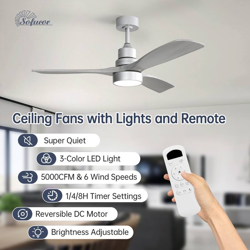 Sofucor 48/52 Inch Ceiling Fan with Light, Solid Wood Blades for Living Room, Bedroom,Smart Optional