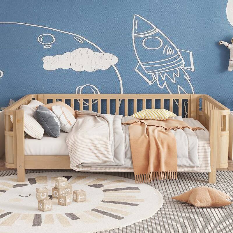 Wood Platform Bed,with Safety Rails and Rounded Corners