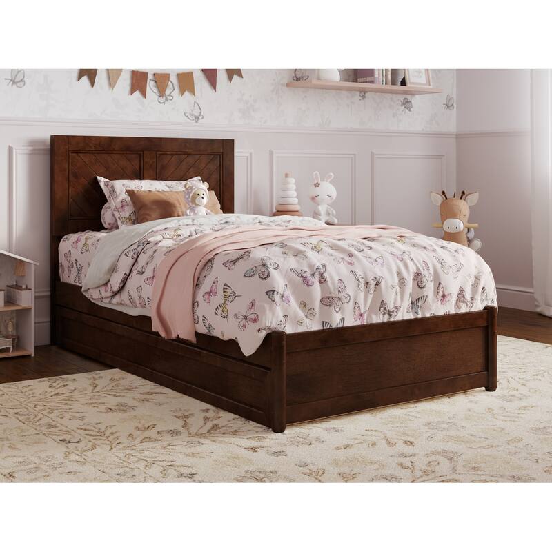 Twin Bed with Trundle, Panel Footboard, Hardwood Frame - Walnut Finish