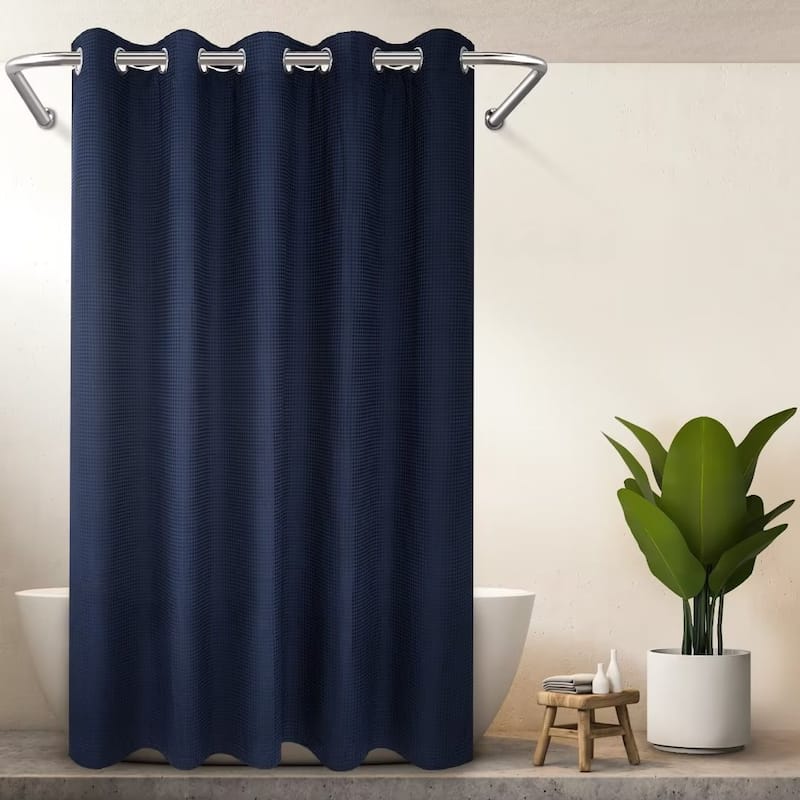 No Hook Cotton Blend Waffle Shower Curtain with Snap-in Liner