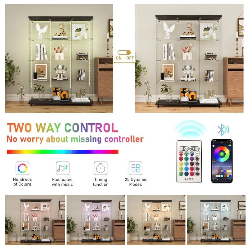 Tempered Glass Cabinet,Wine Cabinet,Storage Cabinet with Bluetooth LED Light Strips,Tempered Glass Top,Lock on Door Wheels